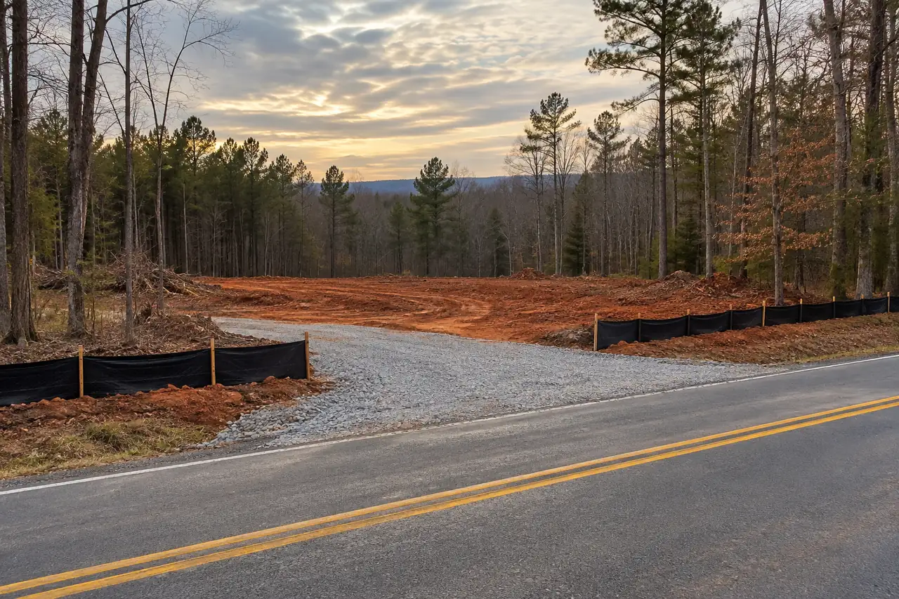 Stone construction entrance and silt fence where a cleared lot meets a country road