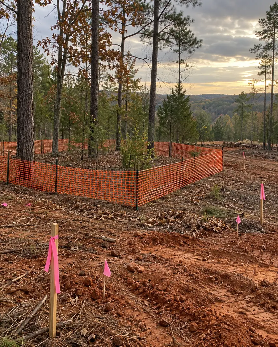 Orange safety fence around a future septic drainfield area on a house site being cleared