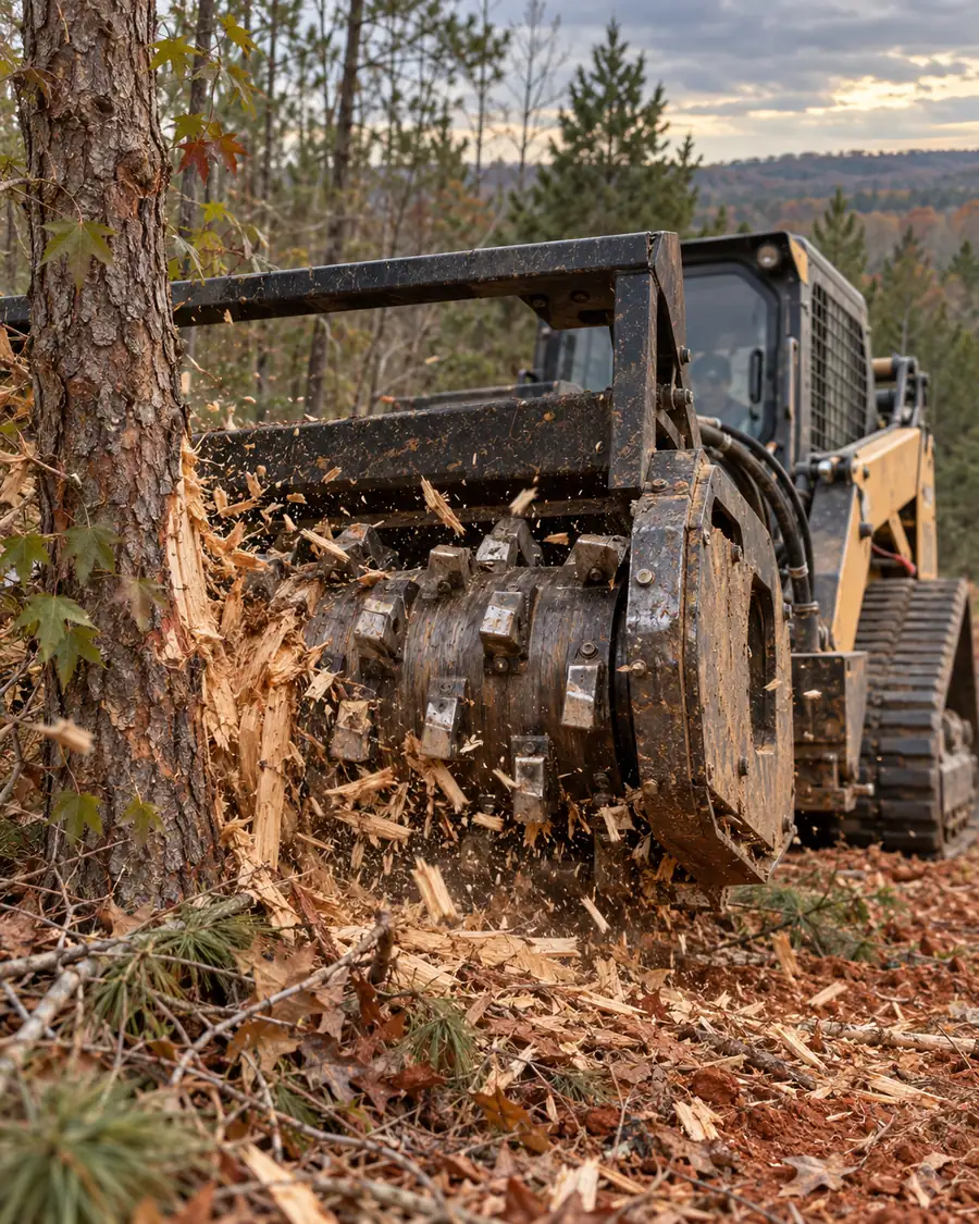 Close view of a forestry mulching head shredding a tree trunk into chips