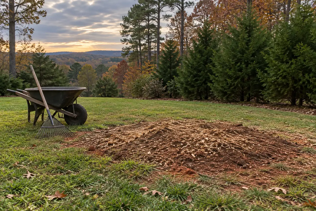 Mound of wood grindings and soil where a stump was ground out of a lawn