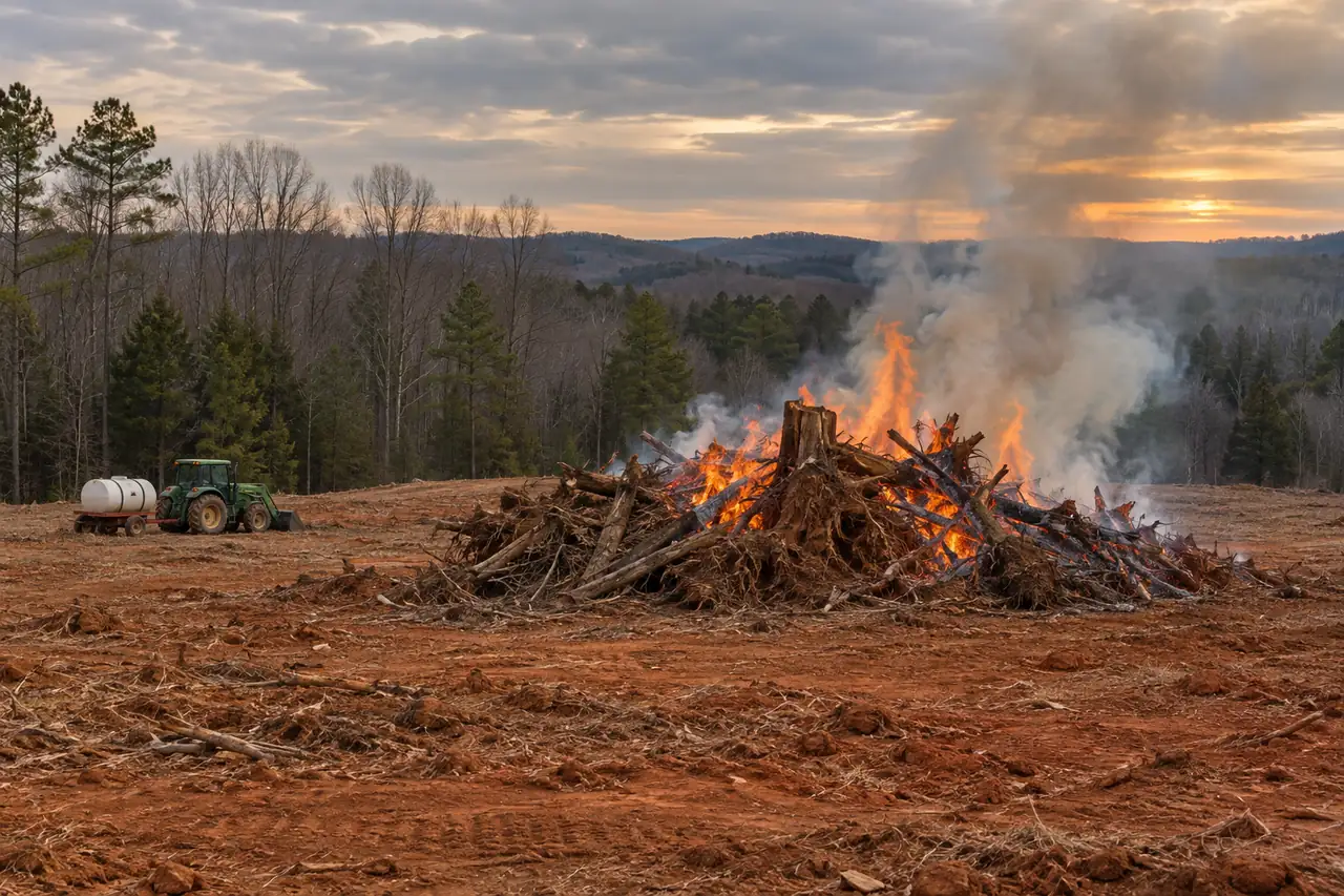 Pile of stumps and brush burning in a cleared field with a water tank parked nearby