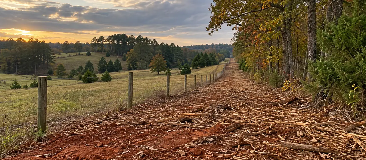 Freshly mulched strip along a wire pasture fence beside hardwood woods