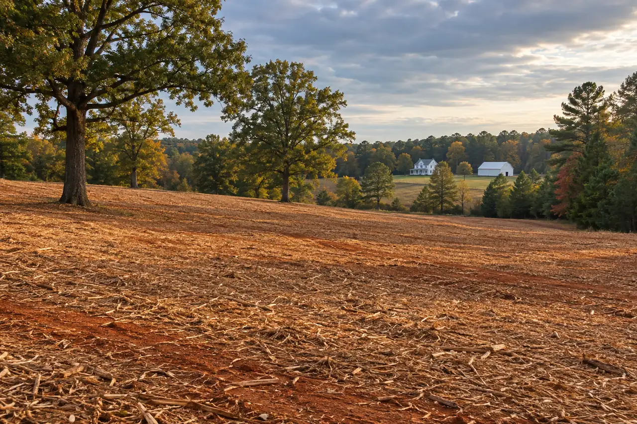Pasture after forestry mulching, covered in wood chips, with large oaks left standing