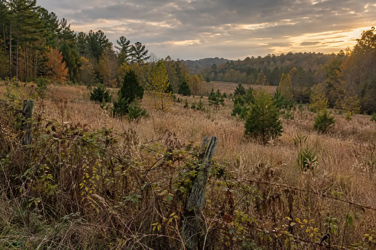 Overgrown pasture with broomsedge, young cedars, sweetgum saplings, and briars on an old fence