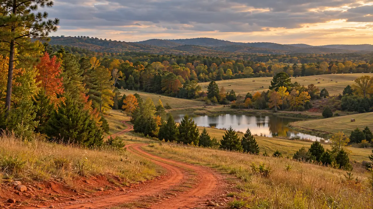 Rolling Piedmont farmland in fall with a red clay farm road, pond, and mixed woods