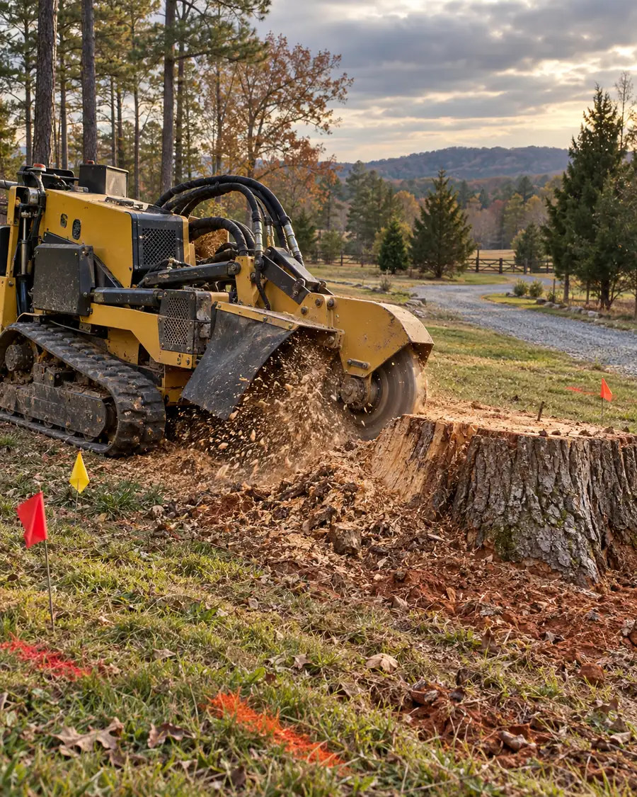 Tracked stump grinder cutting an oak stump with utility locate flags in the grass nearby