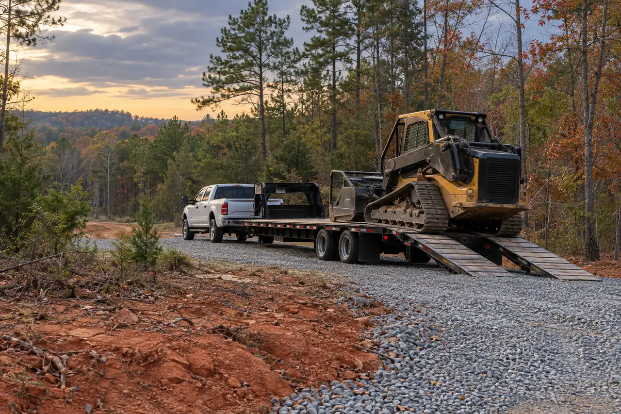 Tracked loader with a mulching head on a trailer at a gravel drive into a wooded lot