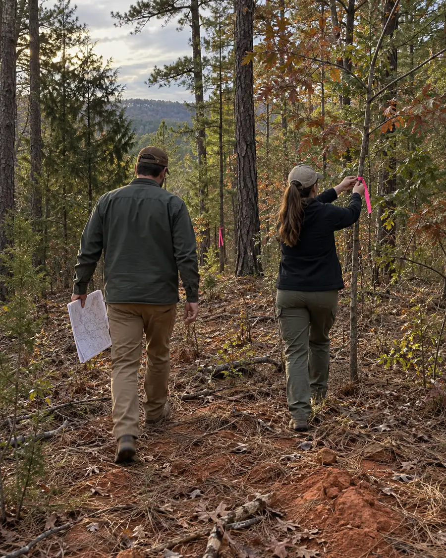 Two people walking a wooded property line, one tying pink flagging to a sapling